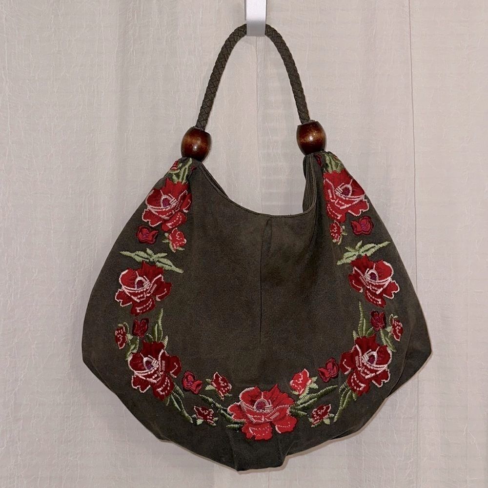 ASOS Forever New Camo Green Canvas Red Burgundy Pink Floral Embroidered Hobo Bag